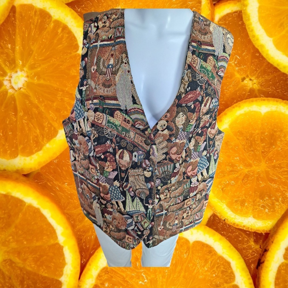 Karen Scott II Novelty Tapestry Vest Teddy Bear Hot Air Balloon Print‎ 1X